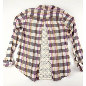 Isabella Sindair Womens Sz S Multicolor Plaid Button Down lace Back Blouse Top